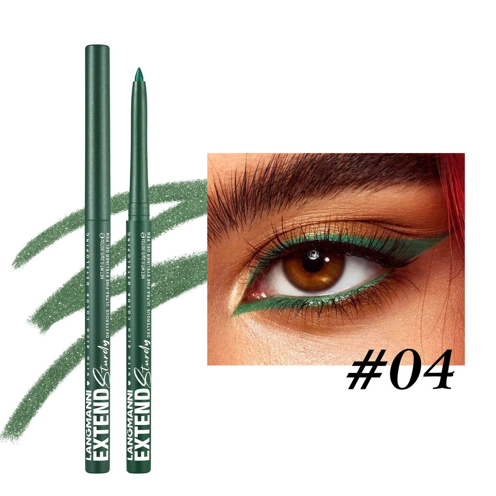 Set of 12 colourful gel glitter eyeliner pencils with vibrant shades on a white background