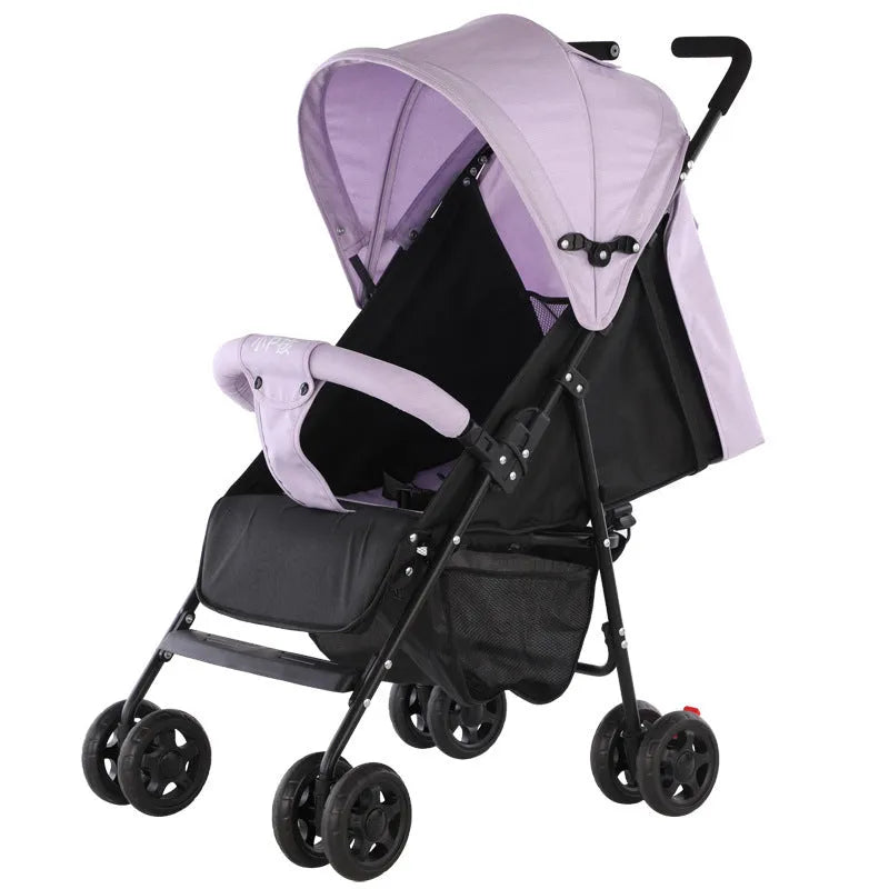 Lightweight wide long baby stroller with sunshade in carbon steel and fabric, shown in fashion gray