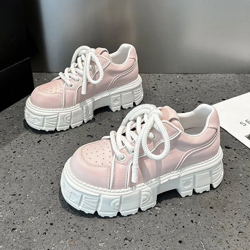 Women's beige leather casual shoes with spring muffin bottom height-increasing design