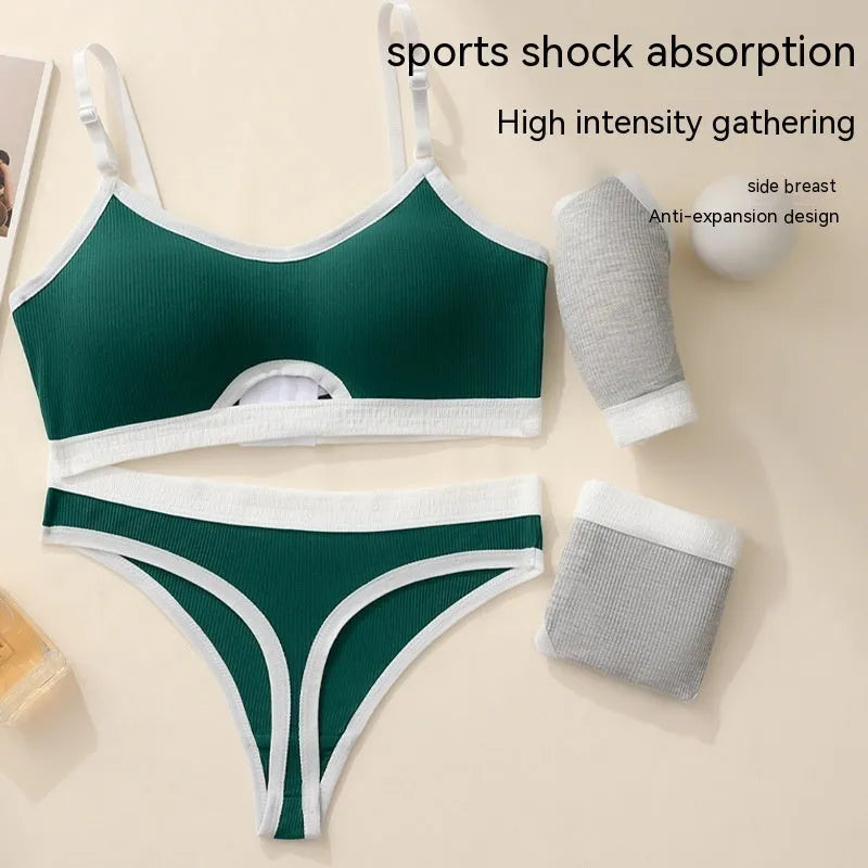 Women's white cotton sports bra and briefs set with beautiful back design and underwired moulded cup.