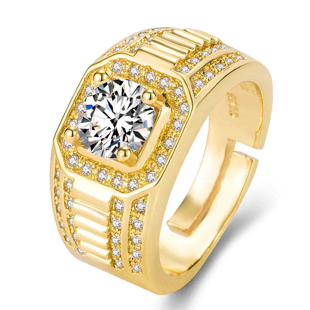 Adjustable large square diamond men's ring in gold or platinum finish on a copper band.