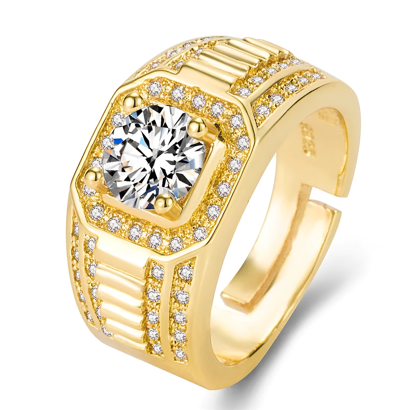Adjustable large square diamond men's ring in gold or platinum finish on a copper band.