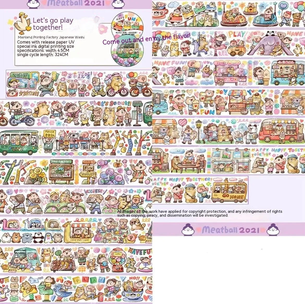 Sheet of cute cartoon character adhesive stickers printed on Japanese paper for medical packaging.