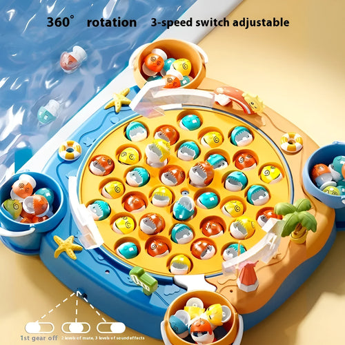 Baby educational magnetic fishing toy set with 8 poles, 4 barrels, and 31 colourful fish