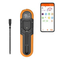 Bluetooth BBQ thermometer in grey, blue, or orange with 175 x 49 x 20mm size, IP66 waterproof, magnet design, and wireless app control.