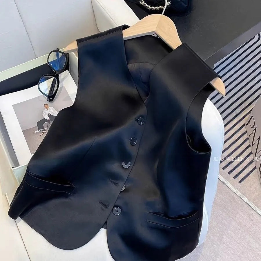 Black satin sleeveless vest for women with loose fit and splicing decorative details