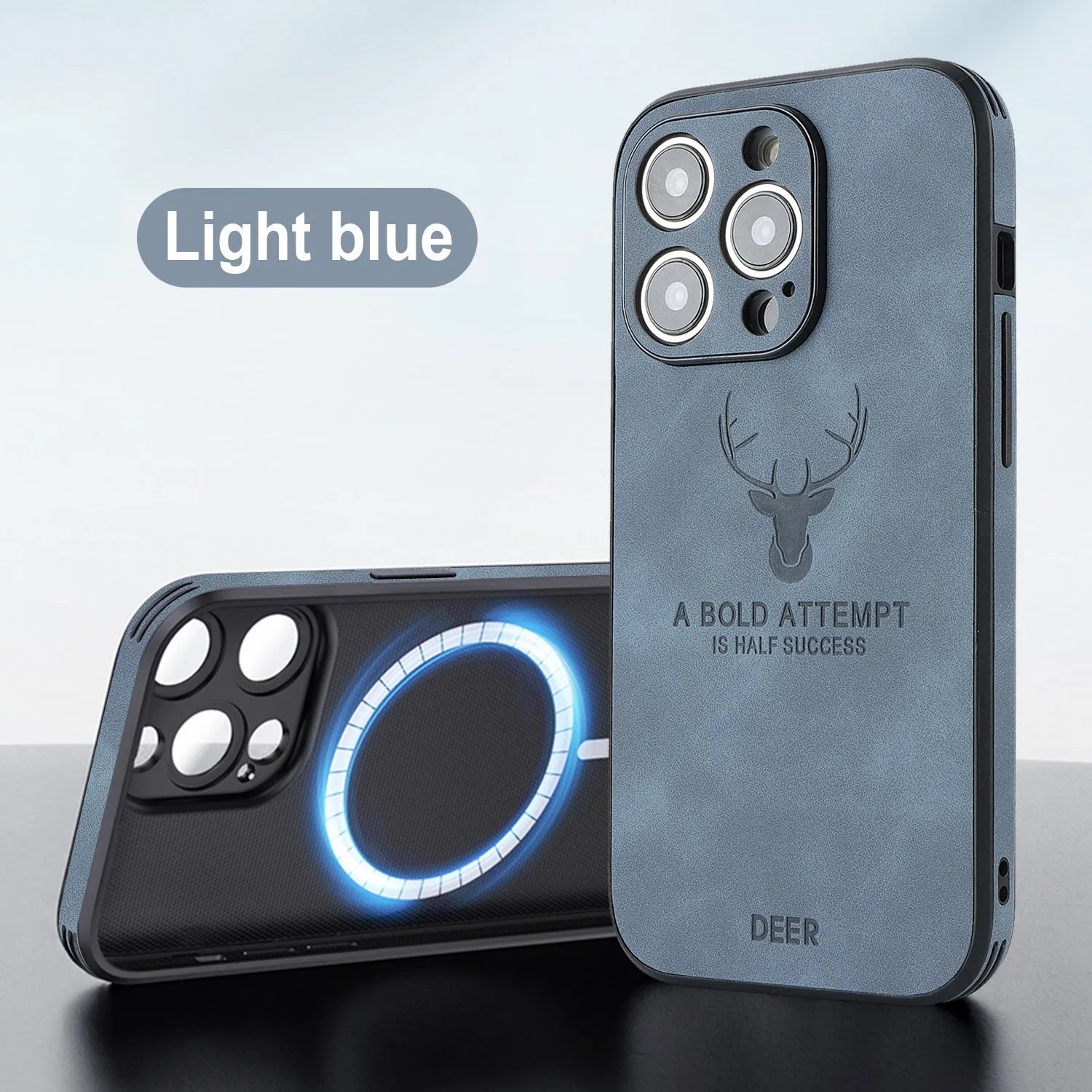 iPhone 16 series imitation leather phone case with embossed moose head design showing magnetic charging compatibility