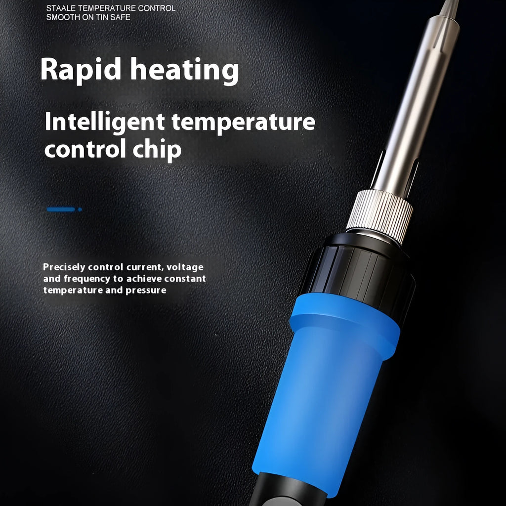Grey 90W electric soldering iron with ceramic heating core, five soldering tips, and tin wire for household repairs