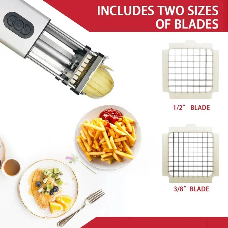 Black electric French fry cutter machine with stainless steel blades on a kitchen counter