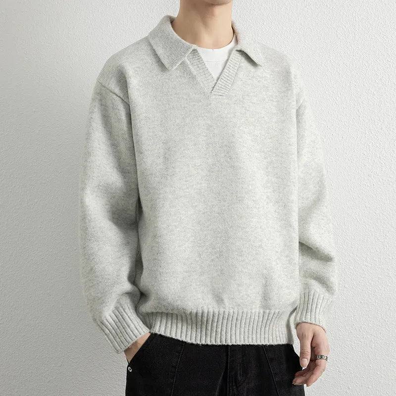 Men's casual cardigan sweater coat in carbon black, loose fit, modal rabbit fur blend