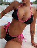 Women's lace-up triangle bikini set with split bottom in polyester fabric
