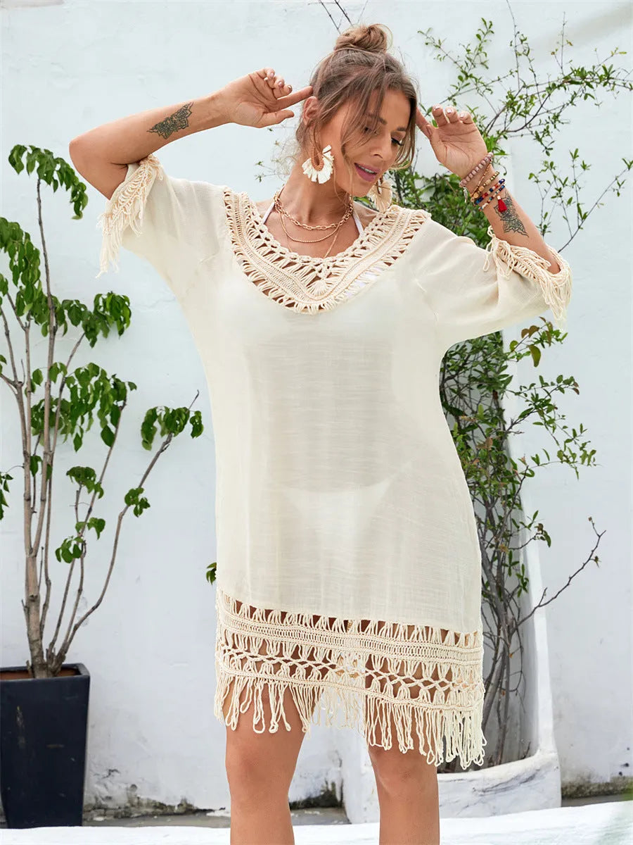 Apricot-coloured hand-crocheted beach dress with lining, shown as a free-size women's cover-up.