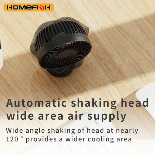 HOMEFISH F2 automatic shake head portable fan with LED light and removable bracket.
