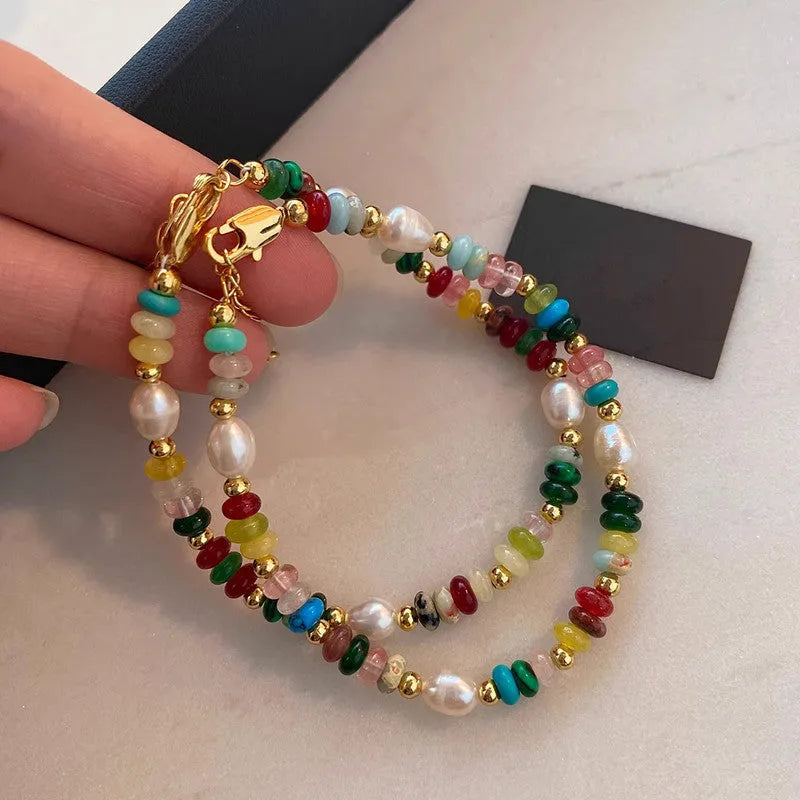 Mixed material dopamine beaded necklace and bracelet set with natural stone, freshwater pearl, glass, resin beads, and mother of pearl pendant