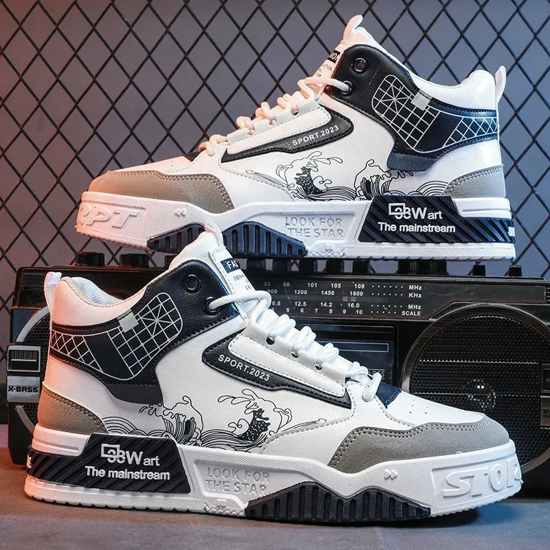 Men's beige, white, and blue high-top board shoes with lace-up front and rubber sole.