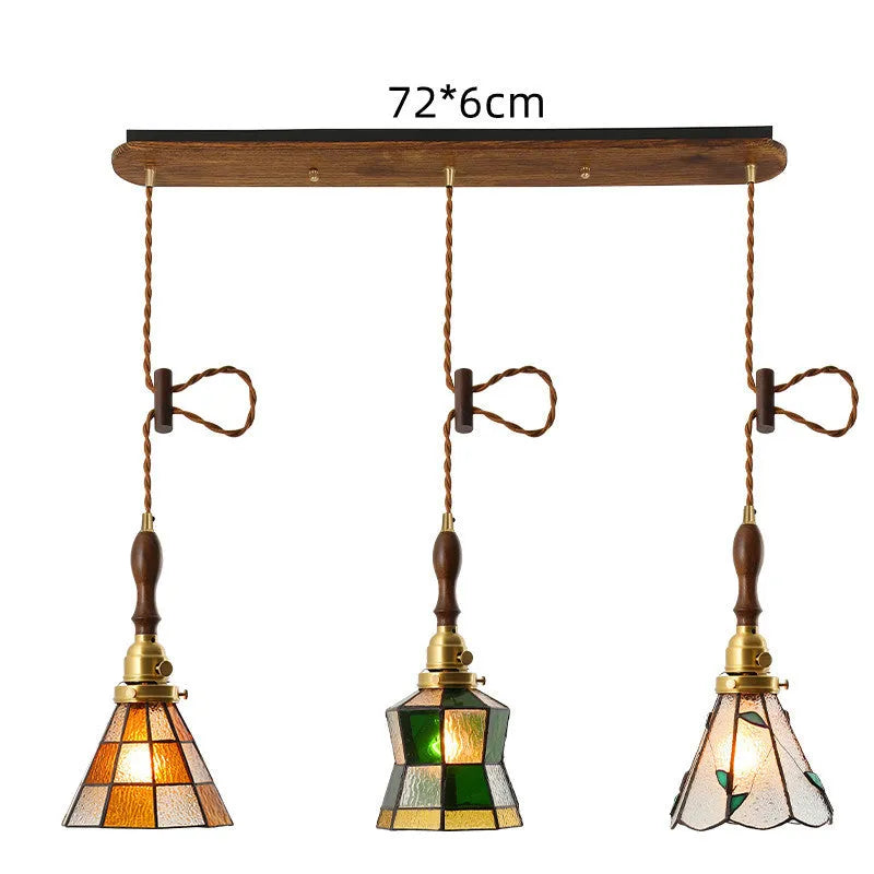 Japanese retro brass and glass chandelier with hand-blown shades and walnut ceiling plate