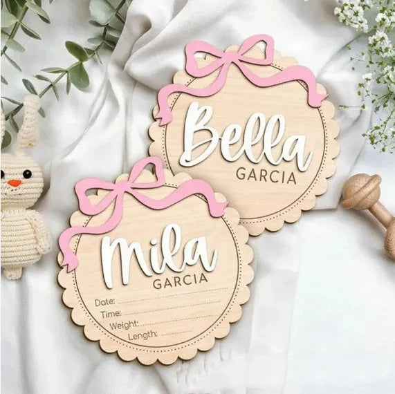 Square wooden baby room ornament personalised with a child's name in two available sizes.