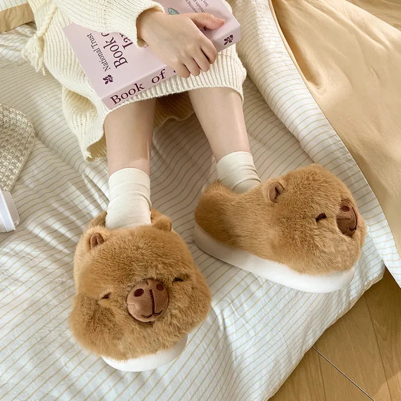 Light brown women's winter slippers with cartoon pattern, plush cotton upper and PVC sole
