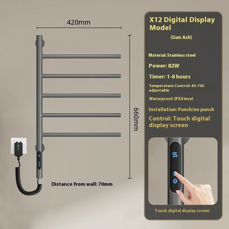 5-layer stainless steel electric towel rack in black with punch-free mounting and WiFi control
