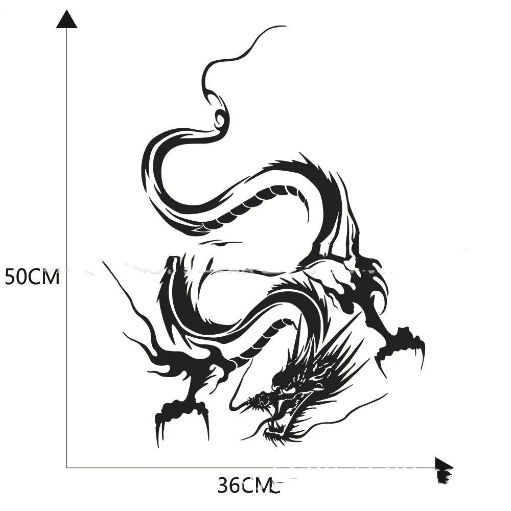 Large black dragon design car vinyl sticker for vehicle front-end, measuring 50 by 36 centimetres.