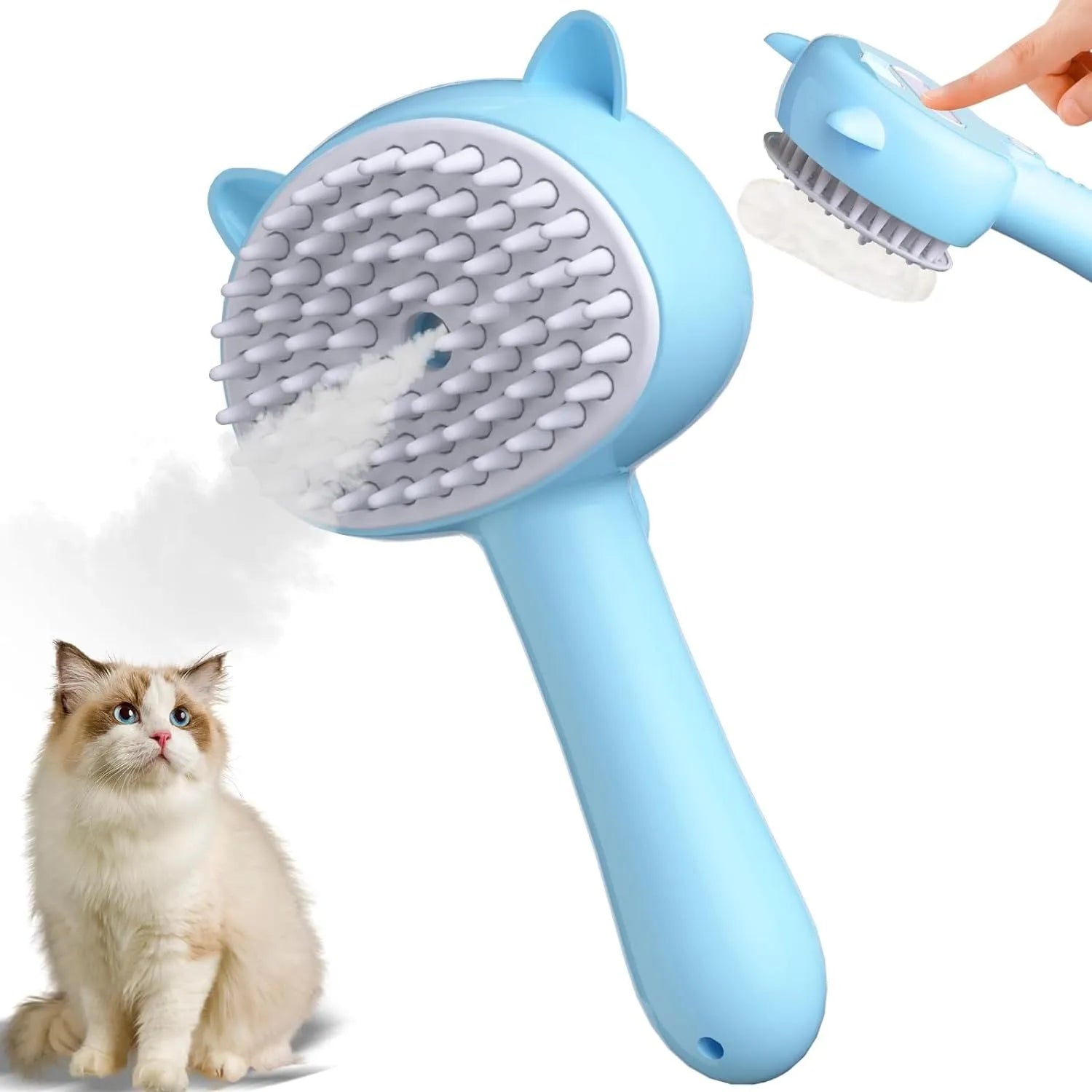 Blue cat ear-shaped steam brush with rubber bristles and release button for pet grooming