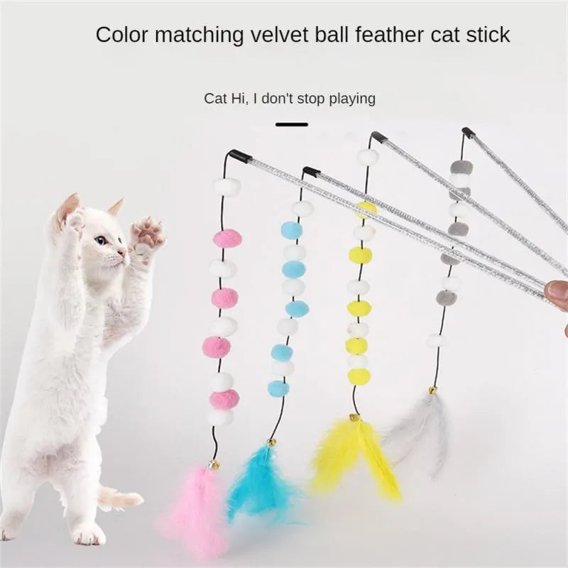 31cm cat teaser interactive toy rod with bell and colourful feather pompon attachments