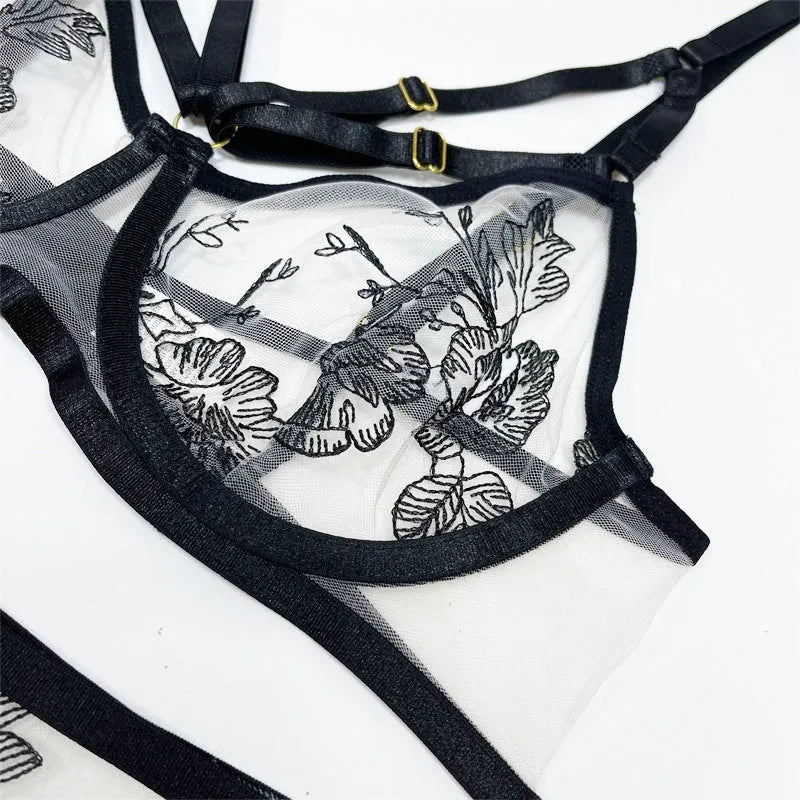 Black lace mesh floral print women's three-piece set with top, pants, and waist ring.