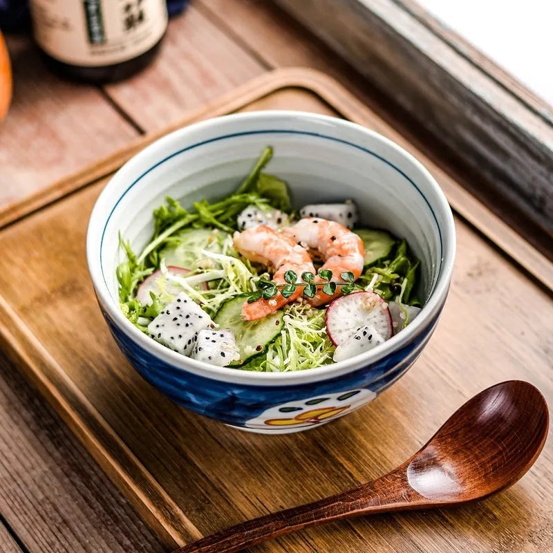 Ceramic 6-inch hand-painted noodle bowl with underglaze pattern and tortoise shell spoon