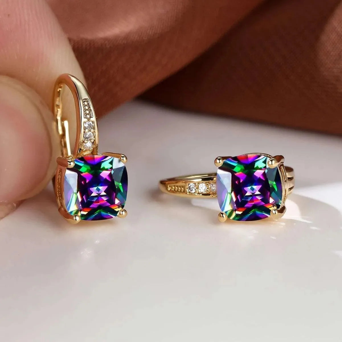 Square geometric ear clips with colourful moissanite stones in gold electroplated finish