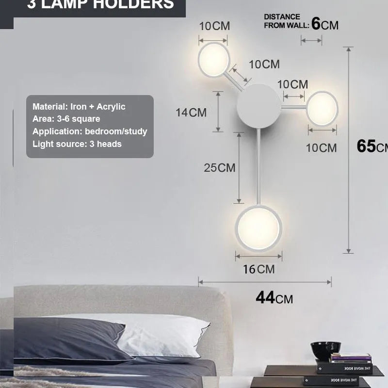 Contracted bedroom bedside wall lamp with 6 iron and acrylic heads in black finish