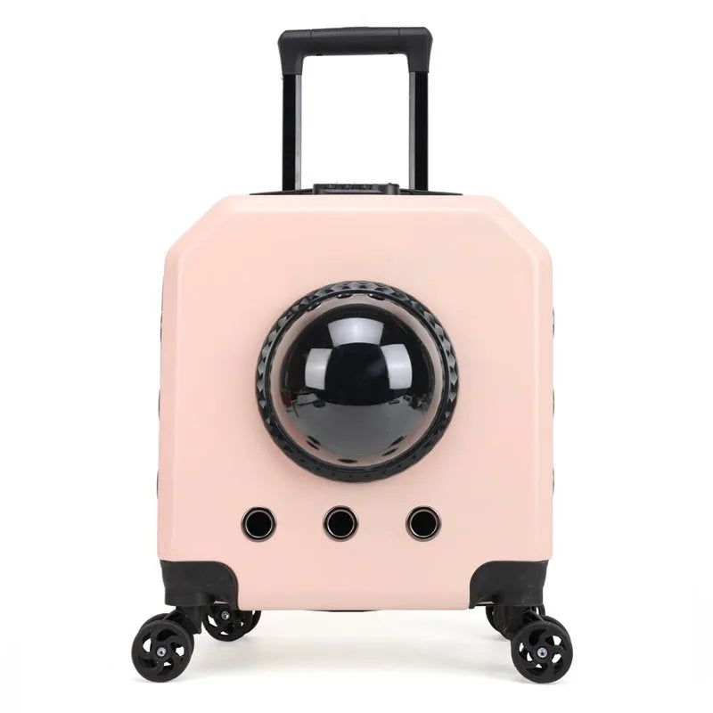 Hard PVC cat carrier trolley case with wheels in pink colour