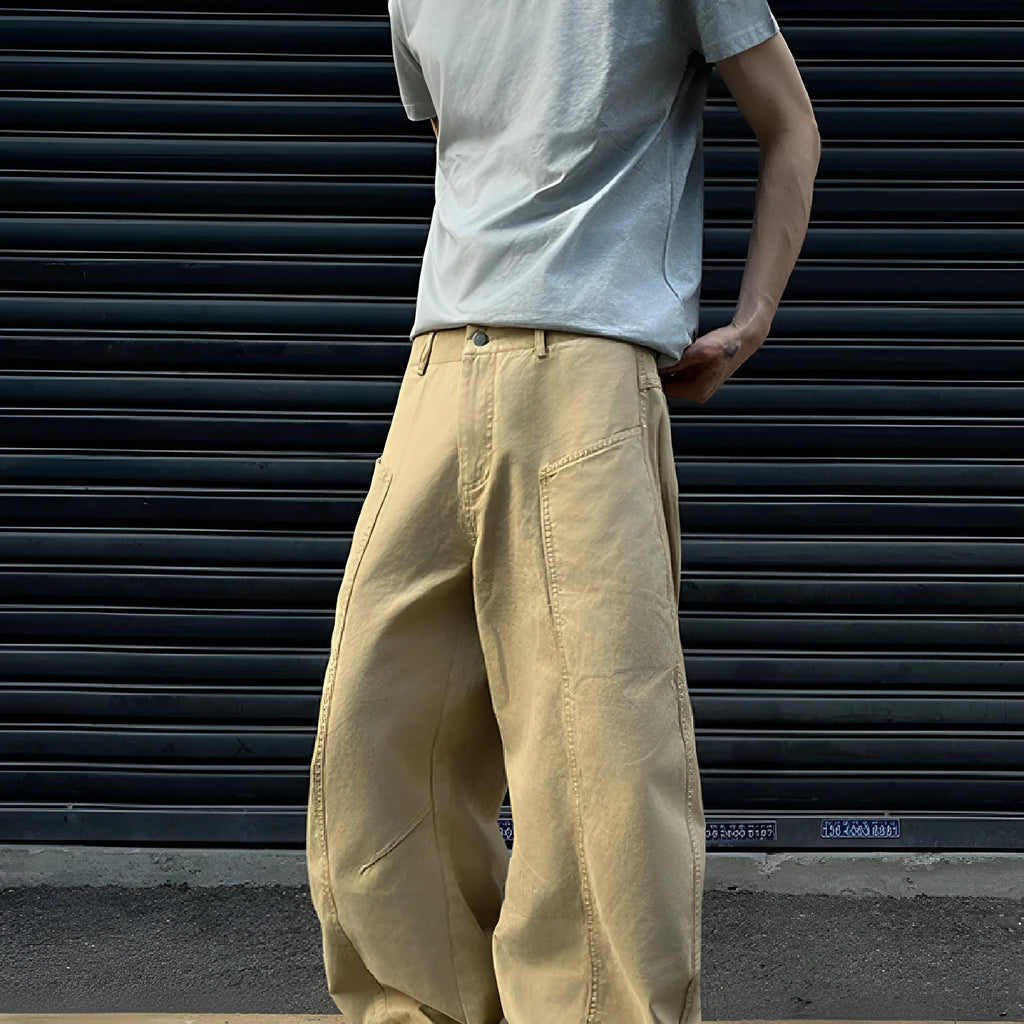 Men's khaki straight-leg cotton trousers showing American retro styling front and back