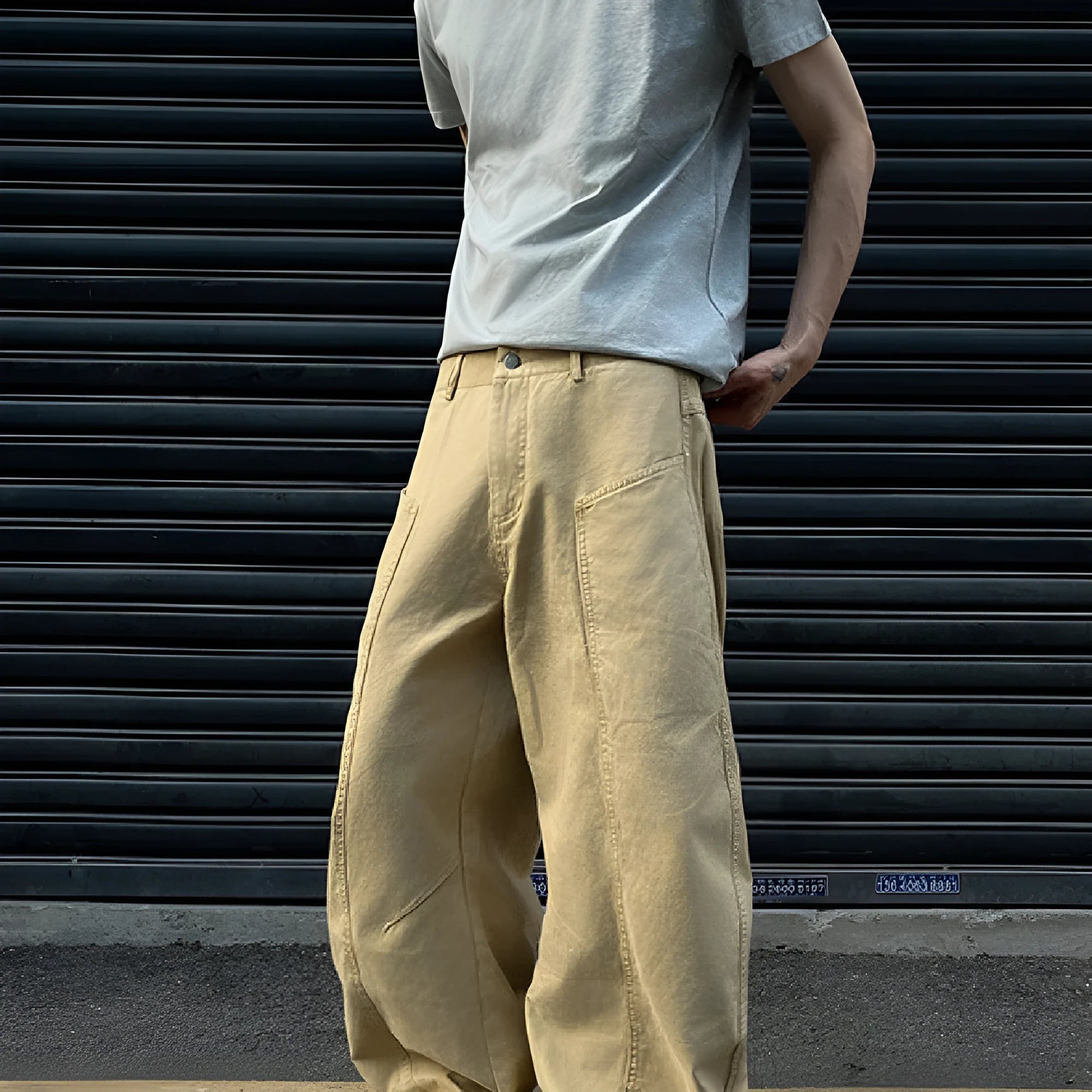 Men's khaki straight-leg cotton trousers showing American retro styling front and back