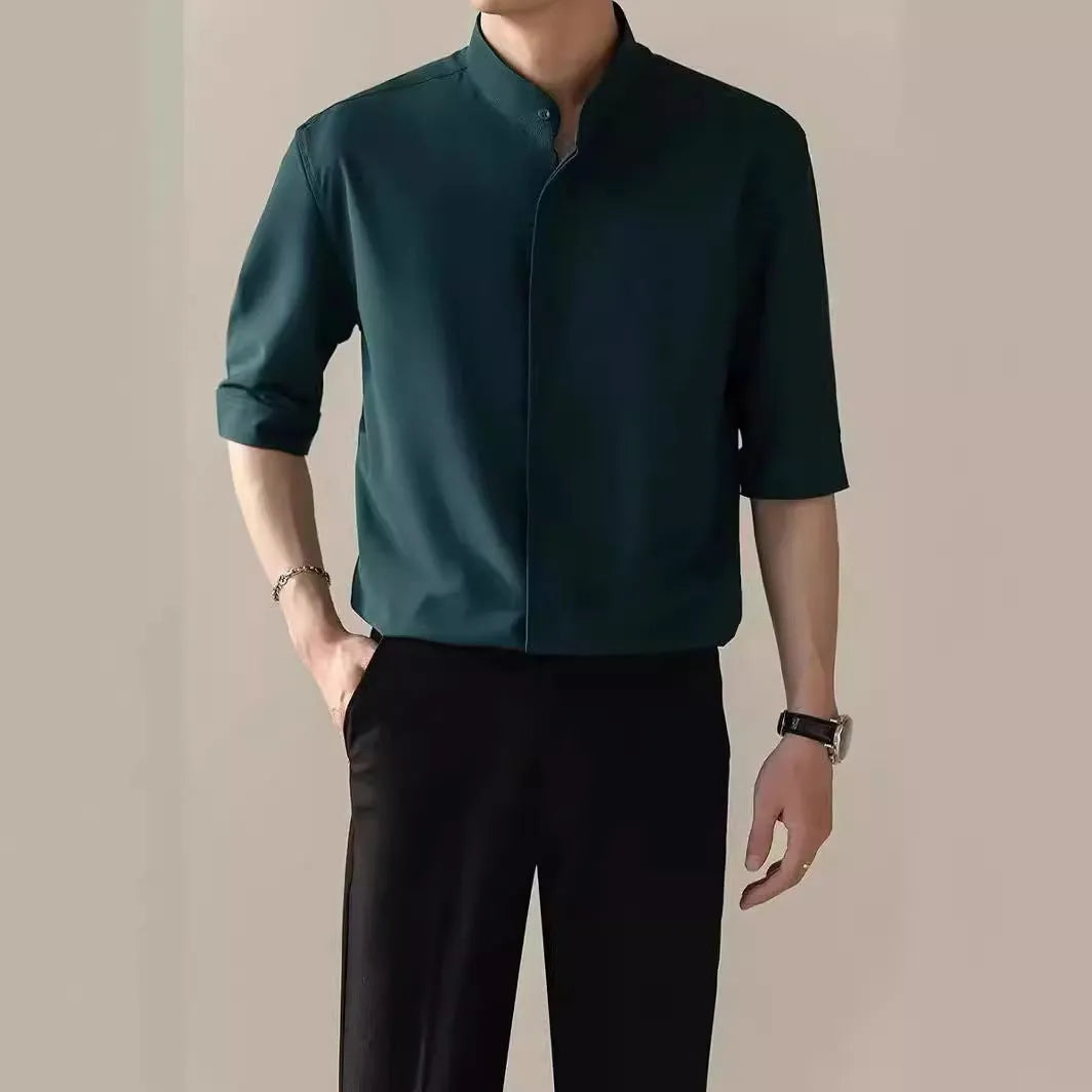 Men's thin stand collar short sleeve shirt in black, half sleeve, polyester blend fabric