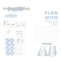 Oblique angle bound notebook in A5 or B5 size with a blue plaid or white cover, open to show pages.