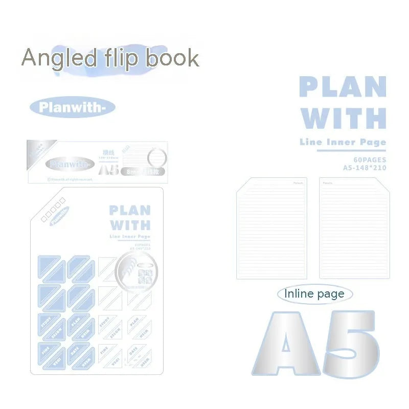 Oblique angle bound notebook in A5 or B5 size with a blue plaid or white cover, open to show pages.