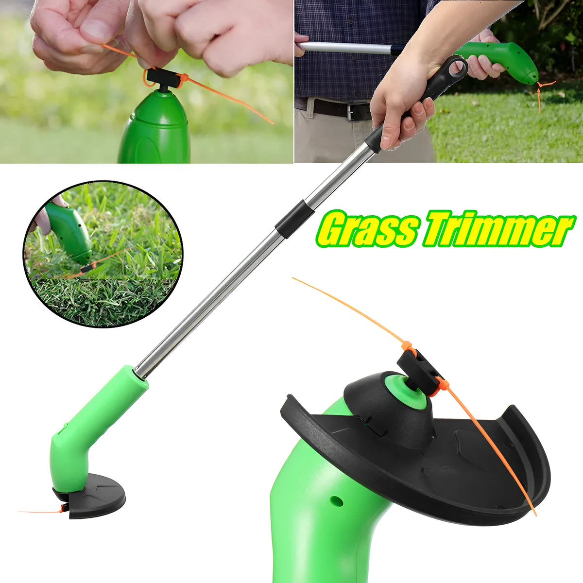Mini cordless electric lawn mower with plastic body, 37 x 60 mm, 0.5 kg, for garden and orchard grass cutting.