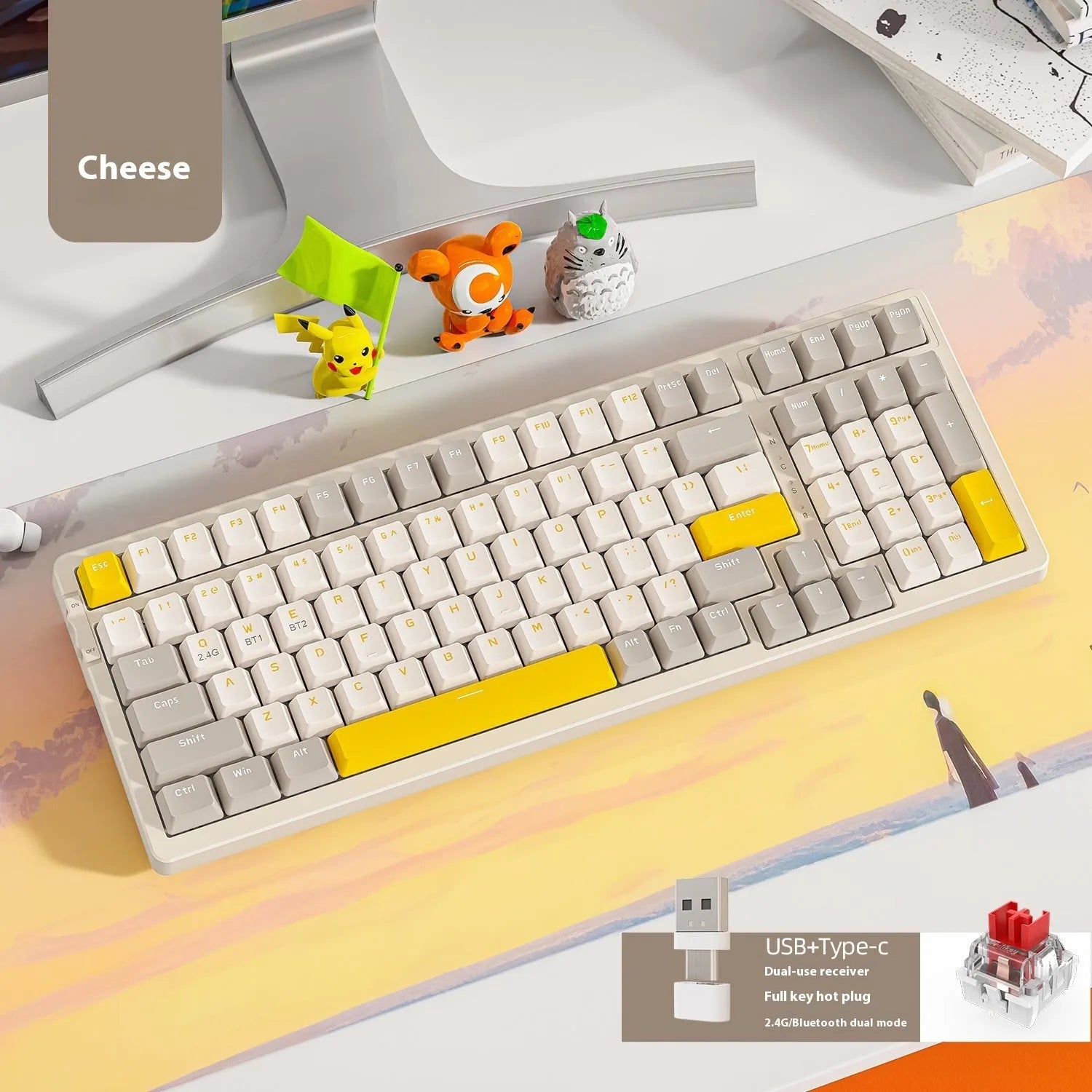 Free Wolf K96 Bluetooth and wired dual-mode mechanical keyboard with hot-plug red switches on a desk.