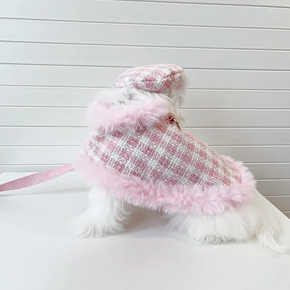 Pink polyester cat cloak costume with beret and hand-holding rope harness for walking control