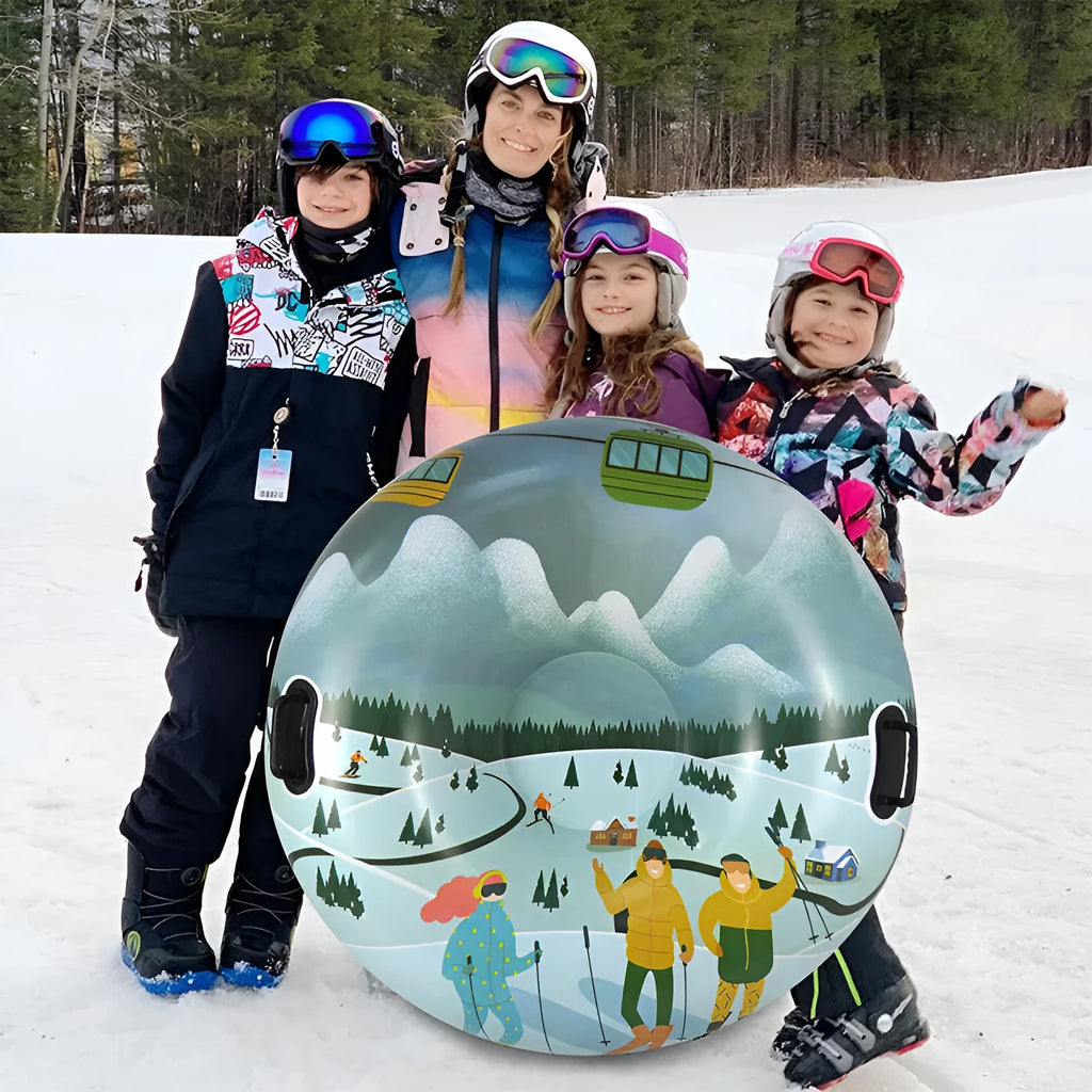 Colourful PVC ski ring toy with printed mountain design for outdoor snow play.