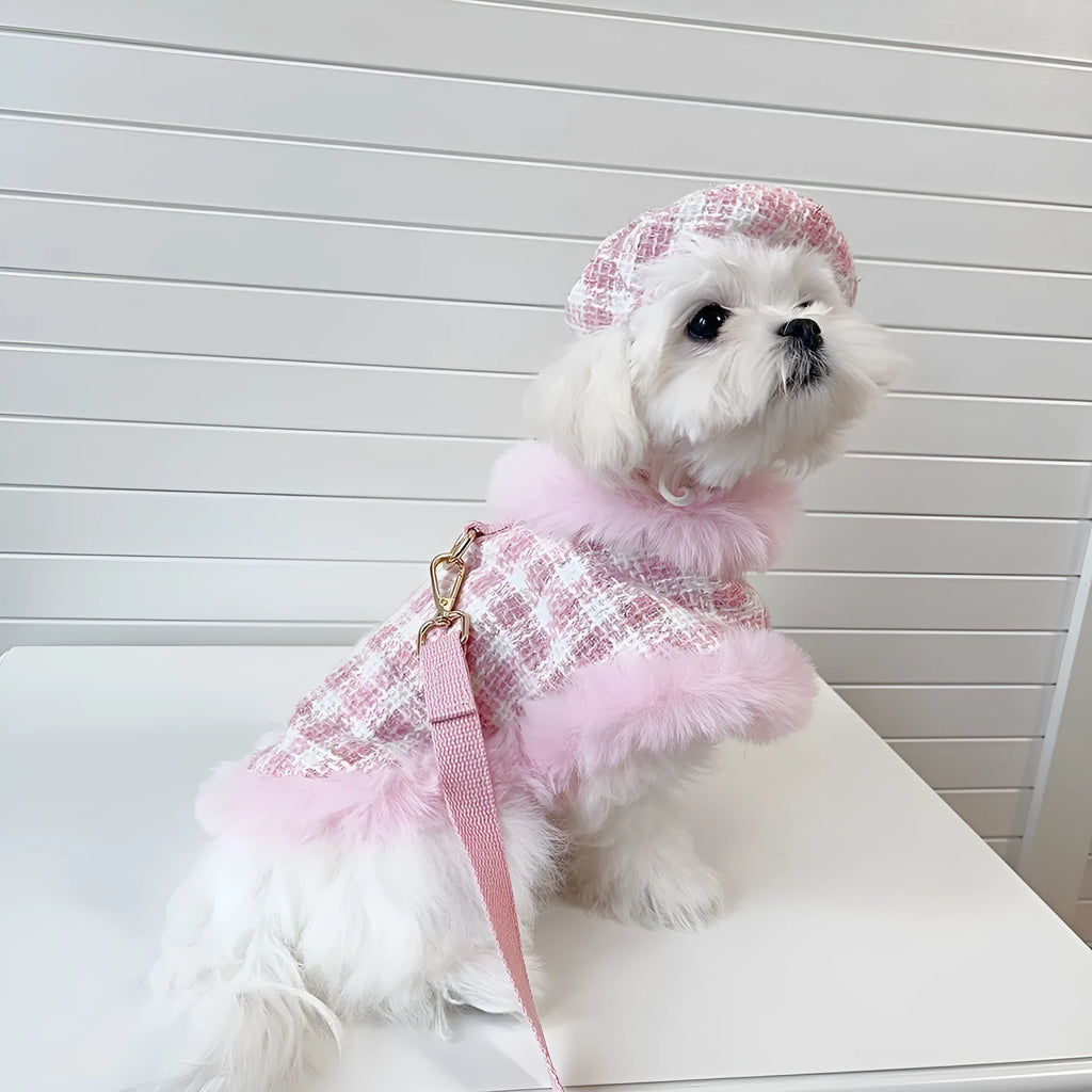 Pink polyester cat cloak costume with beret and hand-holding rope harness for walking control