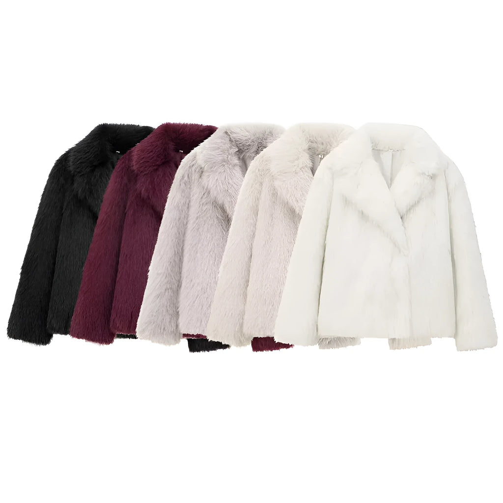 Women's solid color faux fur jacket with lapel collar and long sleeves in beige