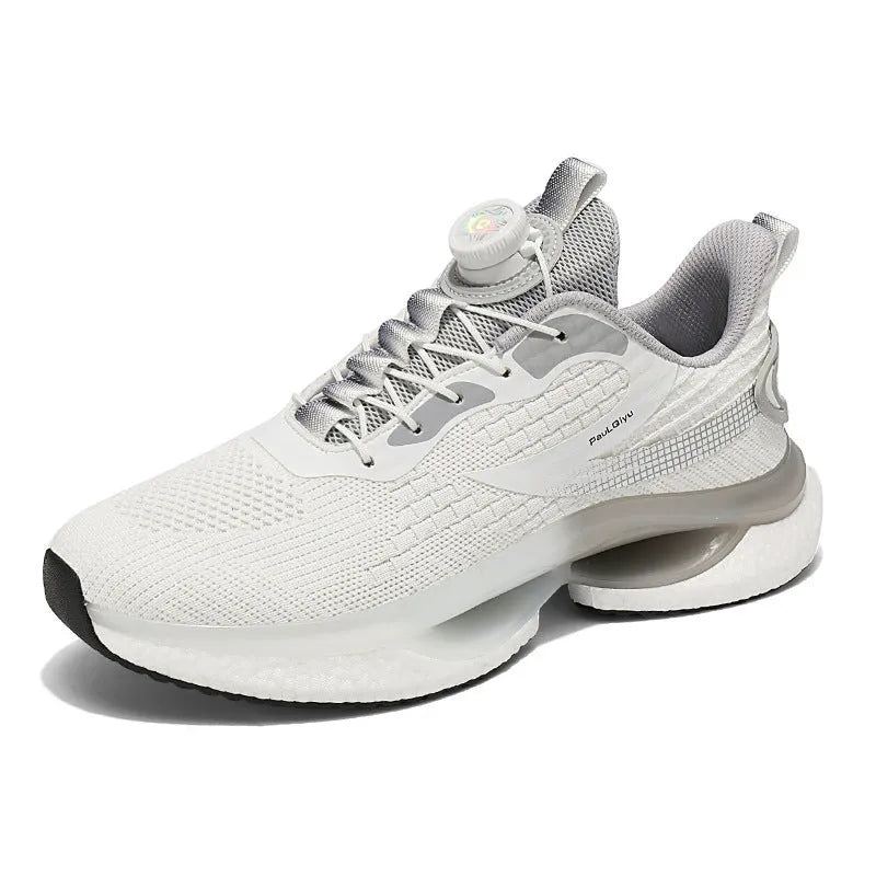 Men's white rotating button buckle running shoes with breathable mesh upper and low-top design