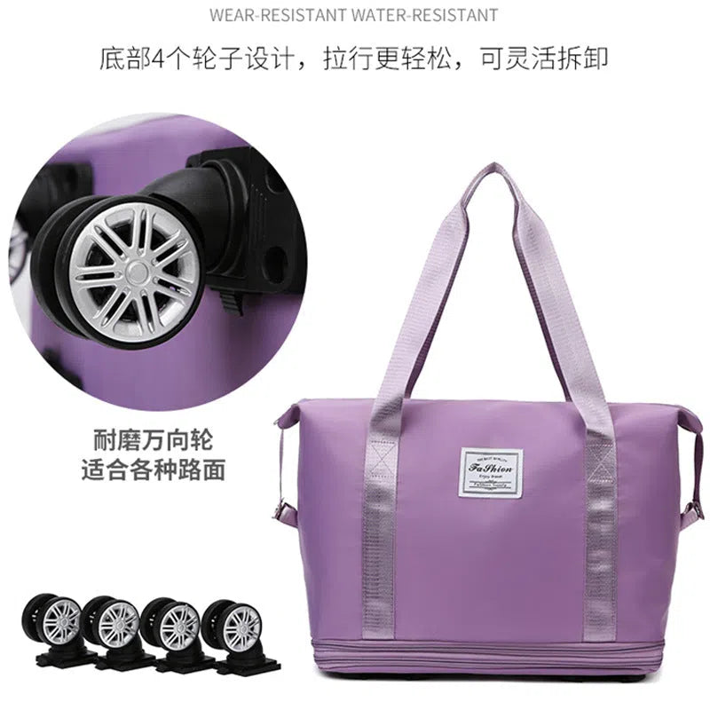 Large-capacity travel bag with omnidirectional wheels, Oxford cloth, waterproof, expandable, dry-wet separation, unisex blue and grey