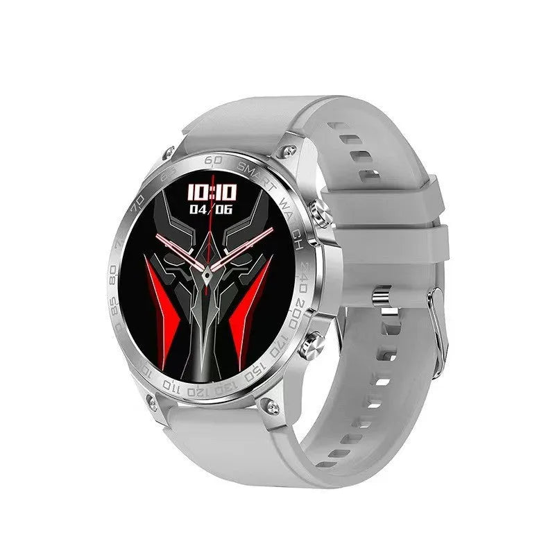 Round Bluetooth sports watch with AMOLED always-on display and silicone strap on a wrist.