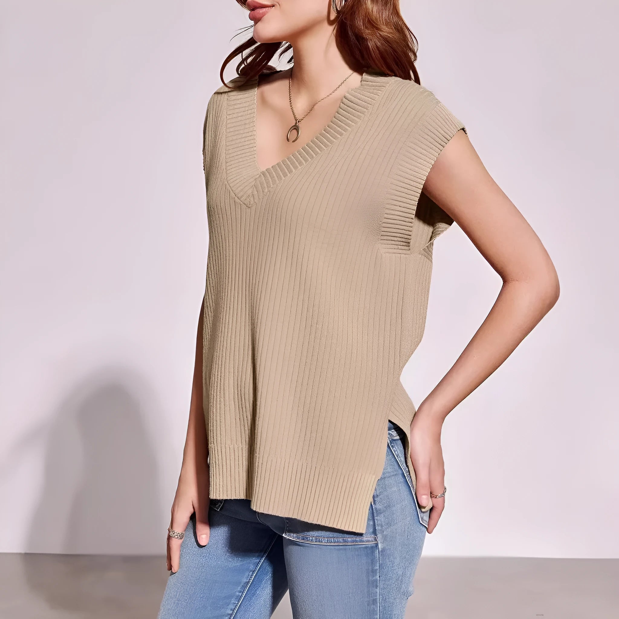 Camel coloured V-neck sleeveless loose pullover vest with folding elements