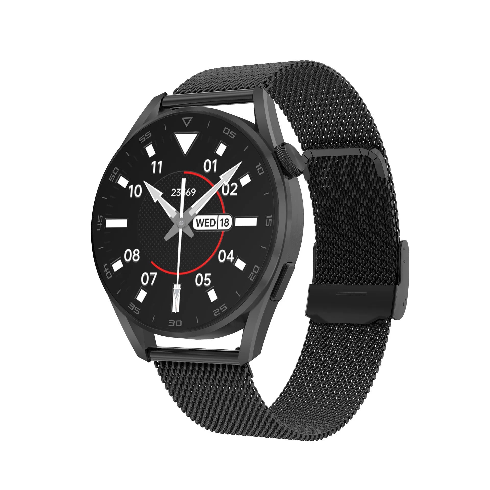 Bluetooth smartwatch with metal wristband and 1.3-inch touchscreen display showing interface