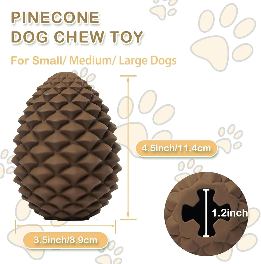 Yellow pine cone shaped tough rubber dog toy with treat dispenser for large dogs.