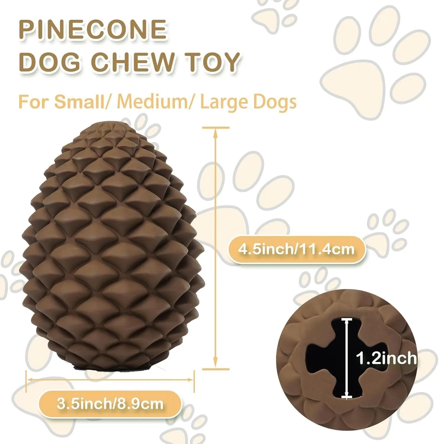 Yellow pine cone shaped tough rubber dog toy with treat dispenser for large dogs.