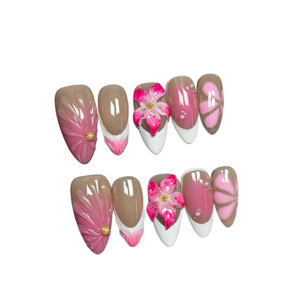 French style three-dimensional lily and ice flower manicure wraps in almond shape on plastic wearable armour
